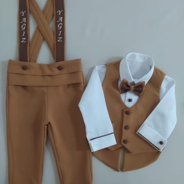 Taba Kahve Yelekli Smokin Takım