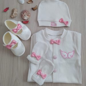 Pembe Melek kanatlı 3. Hastane Çıkış seti + ilk Adım Ayakkabısı